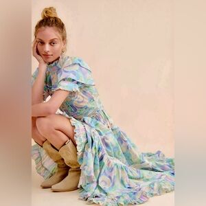 Anthropologie Blue and Purple Ruffle Maxi Dress